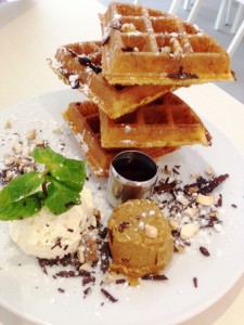 Yeasted Waffle with Peanut Butter, maple syrup and fresh double-whipped cream