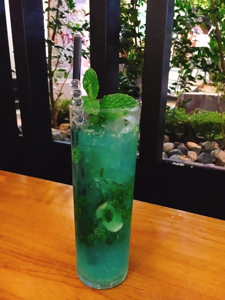 Blue Ginger Mojito with Bacardi, ginger liquer, Triple Sec and Blue Curacao