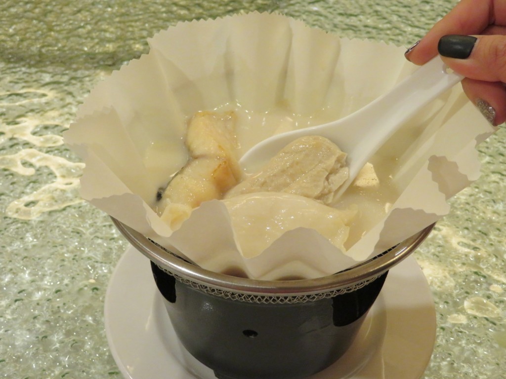 Double-boiled Haruan Soup with Fish Maw served in paper wok