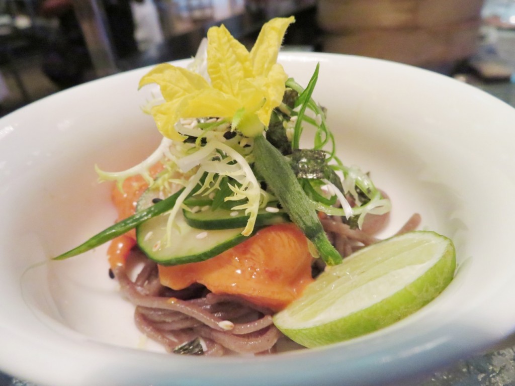 Salmon Poke Bowl with soba and cucumber flower