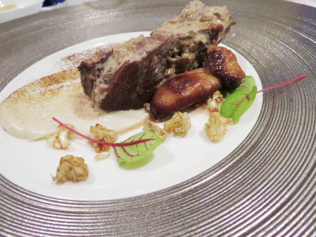 Tender and complex -- Pickled and Braised Wagyu Beef Cheek, Roasted Cauliflower Cream, Porcini