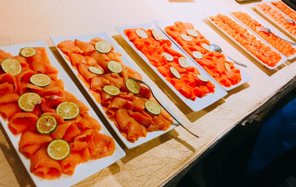 A taste of smoked salmon and smoked fjord trout, left, and fjord trout and salmon sashimi, right