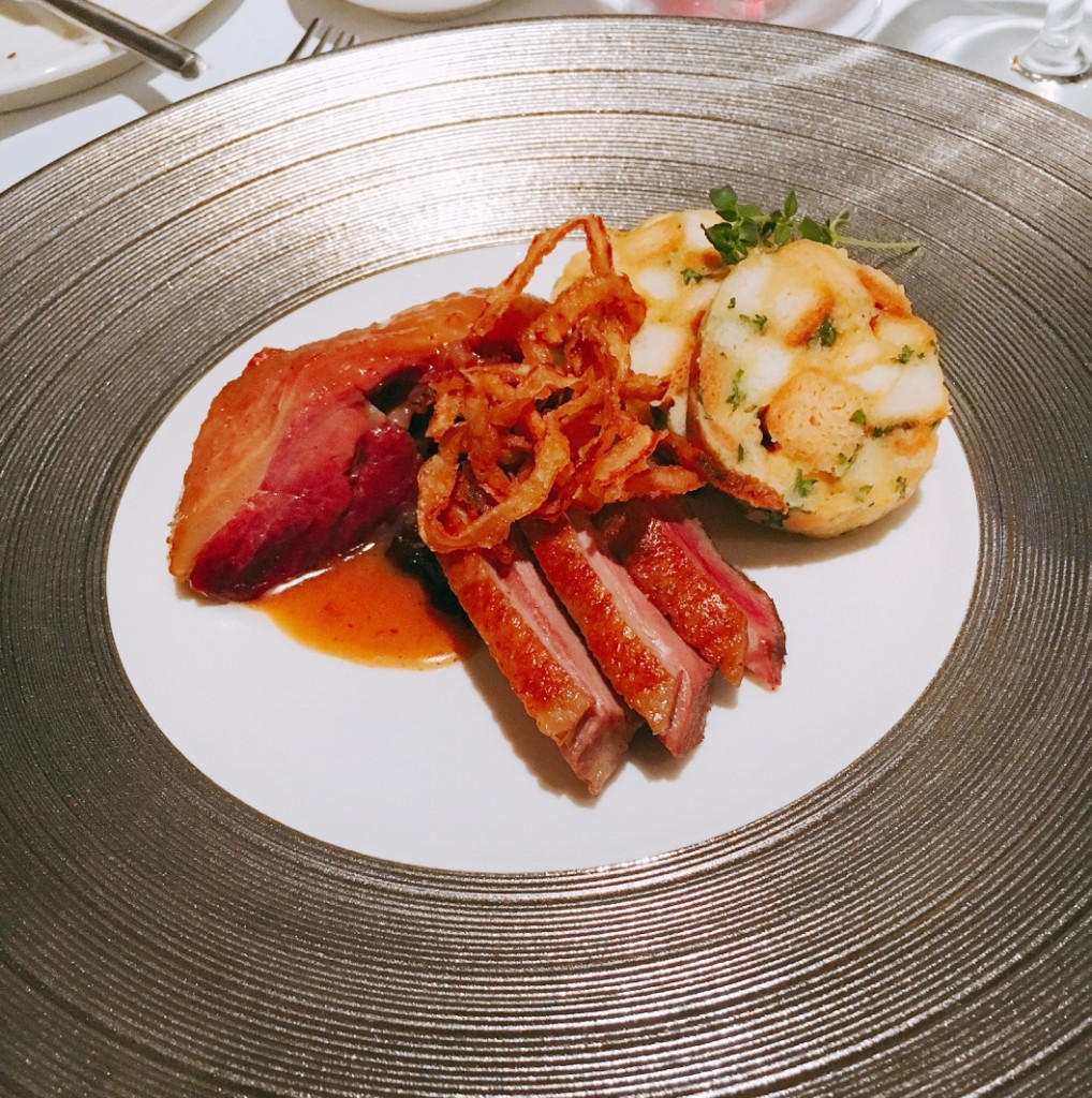 Duck Confit, sliced duck breast sous vide, red cabbage and Carlsbad dumpling