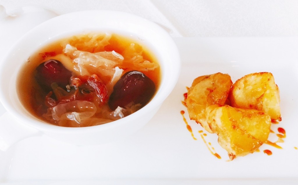 Glutinous stuffed red dates in Bentong ginger soup, and Golden Fried Organic Sweet Potato