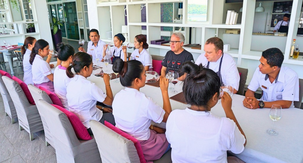 James Suckling at a wine class for staff at the hotel