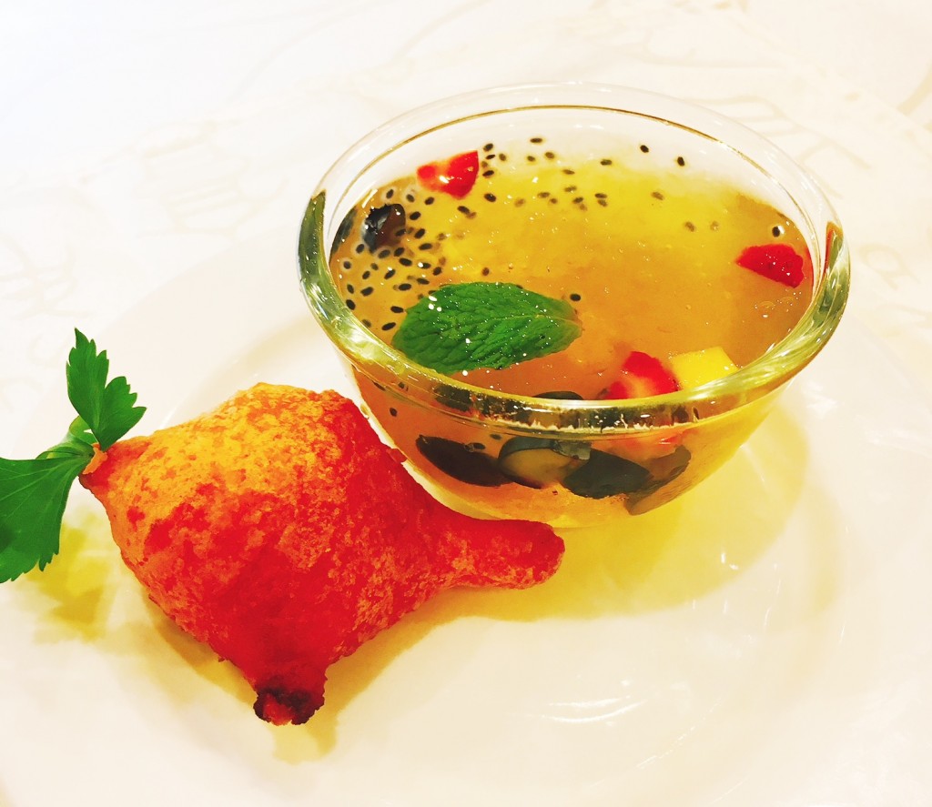 Rainbow Bird's Nest with lemongrass jelly and fruits, Peanut Lava Carrot